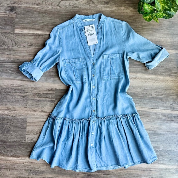NWT Zara Chambray Button-Down Drop Waist Shirt Dress withRuffle Hem Size XS - Picture 2 of 11